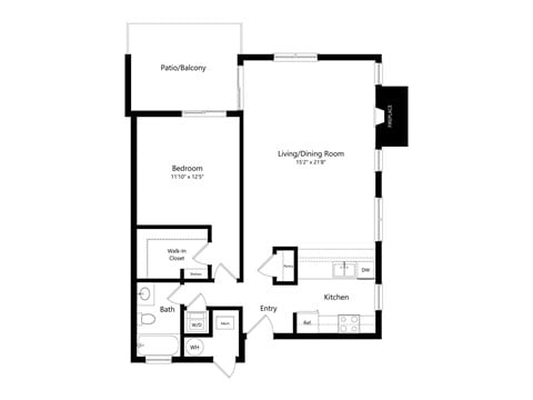 Floor plan for 1 bed, 1 bath, 790 sqft